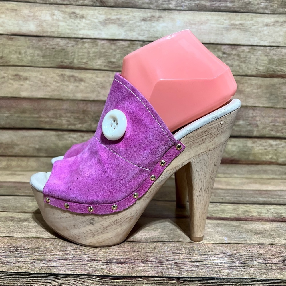 Mojo Moxy Pink Suede Wooden Heels